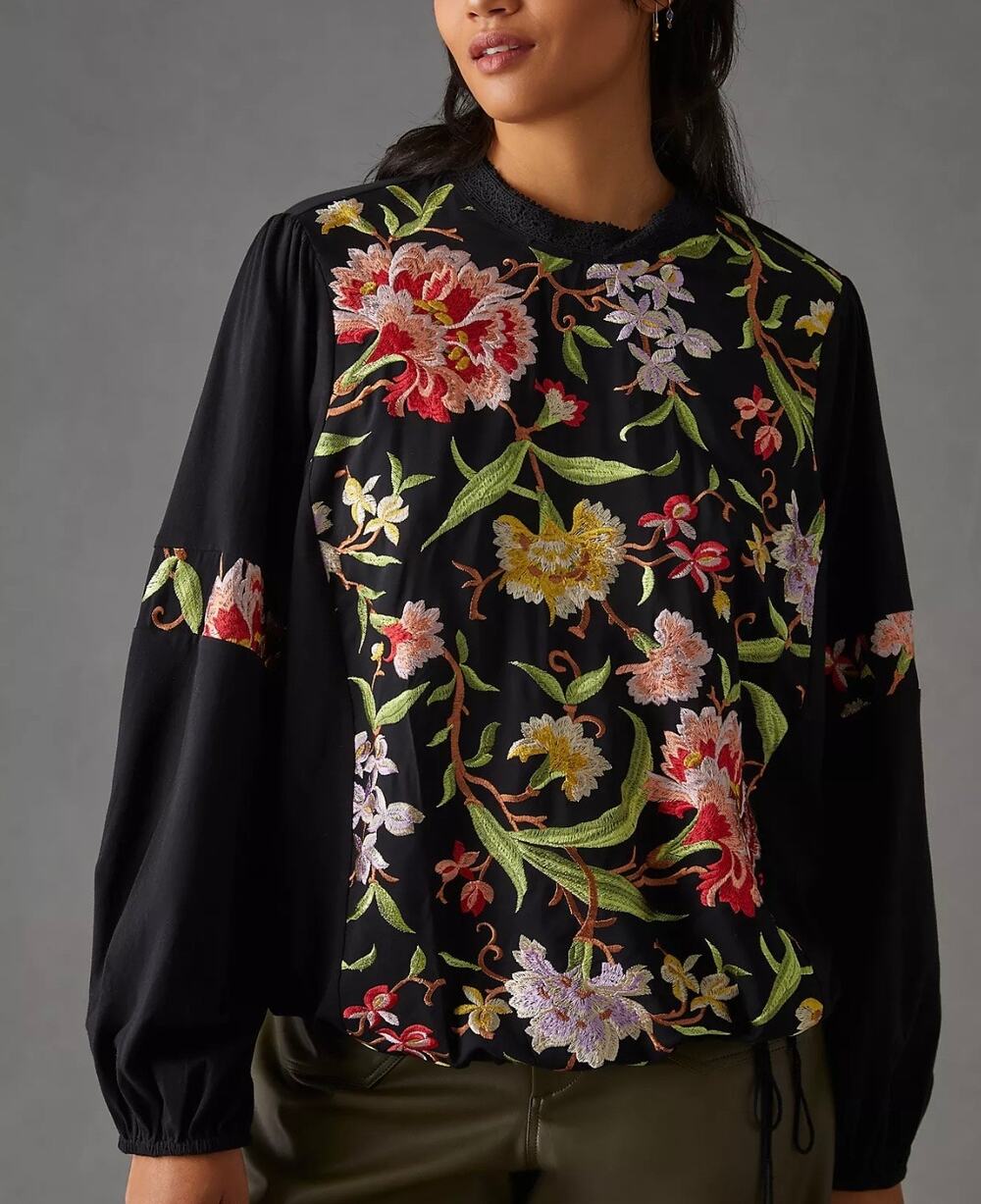Anthropologie Tiny Black Floral Embroidered Boho Blouse Size Medium